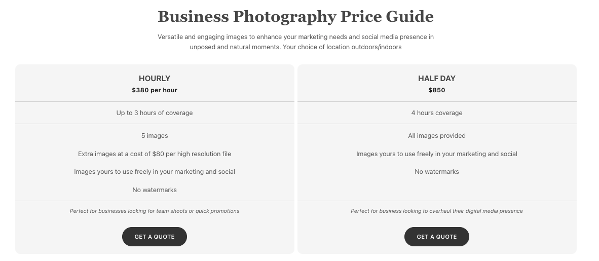 Business pricing package example