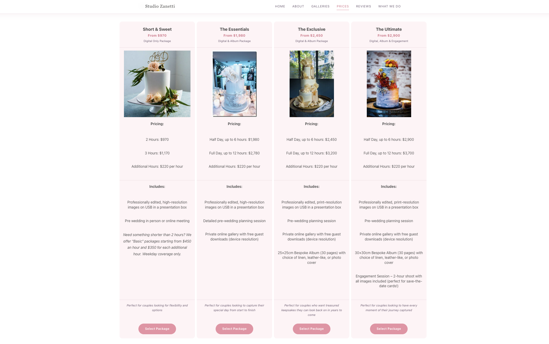 Wedding pricing package example